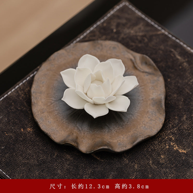 Ceramic Lotus Incense Stick Holder with Textured Ash Catcher Dish - Zen Tea Room and Meditation Decor