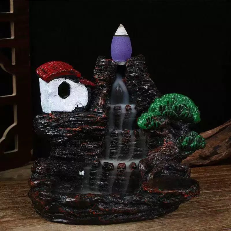 Zen Mountain Waterfall Backflow Incense Burner – Handcrafted Resin Landscape Aromatherapy Smoke Fountain for Home, Office & Meditation