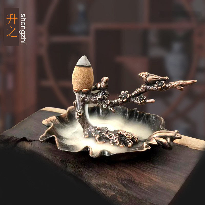 Zen Birds on Plum Blossom Branch Backflow Incense Burner with Leaf Dish