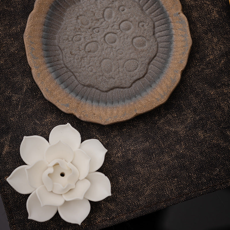 Ceramic Lotus Incense Stick Holder with Textured Ash Catcher Dish - Zen Tea Room and Meditation Decor