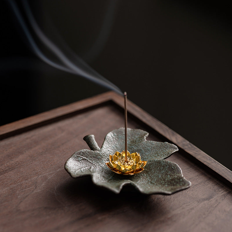 Rustic Ceramic Leaf & Golden Lotus Stick Incense Burner | Zen Ash Catcher Tray