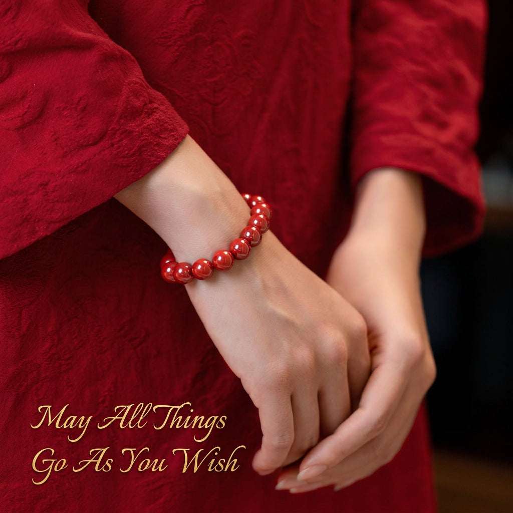 Natural Red Cinnabar Beaded Bracelet - Auspicious Protection & Good Fortune Meditation Jewelry