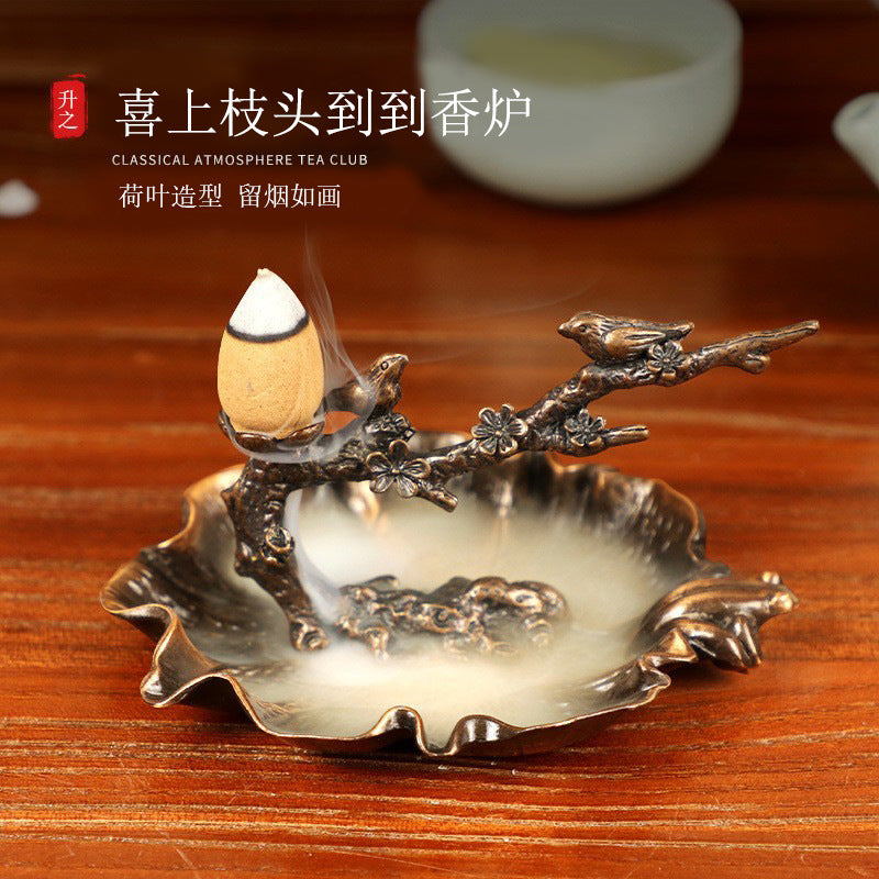 Zen Birds on Plum Blossom Branch Backflow Incense Burner with Leaf Dish