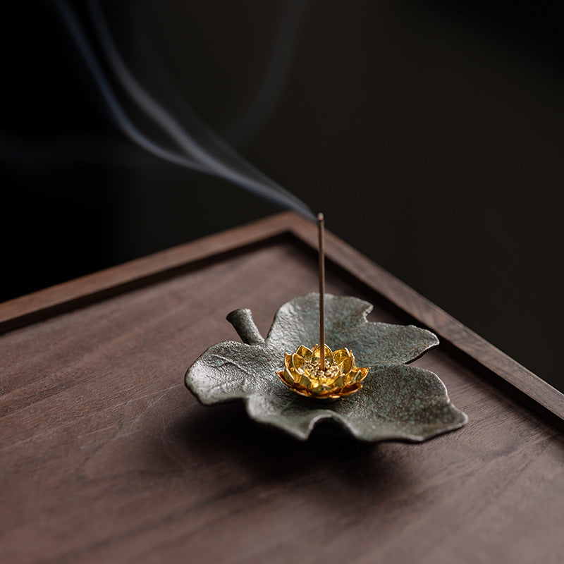Rustic Ceramic Leaf & Golden Lotus Stick Incense Burner | Zen Ash Catcher Tray
