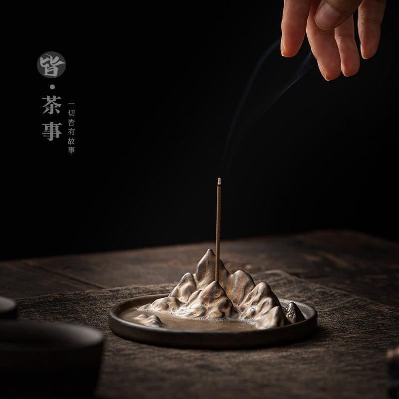 Ceramic Mountain Incense Burner – Vintage Gilded Landscape Ash Catcher for Sticks, Coils & Backflow Cones