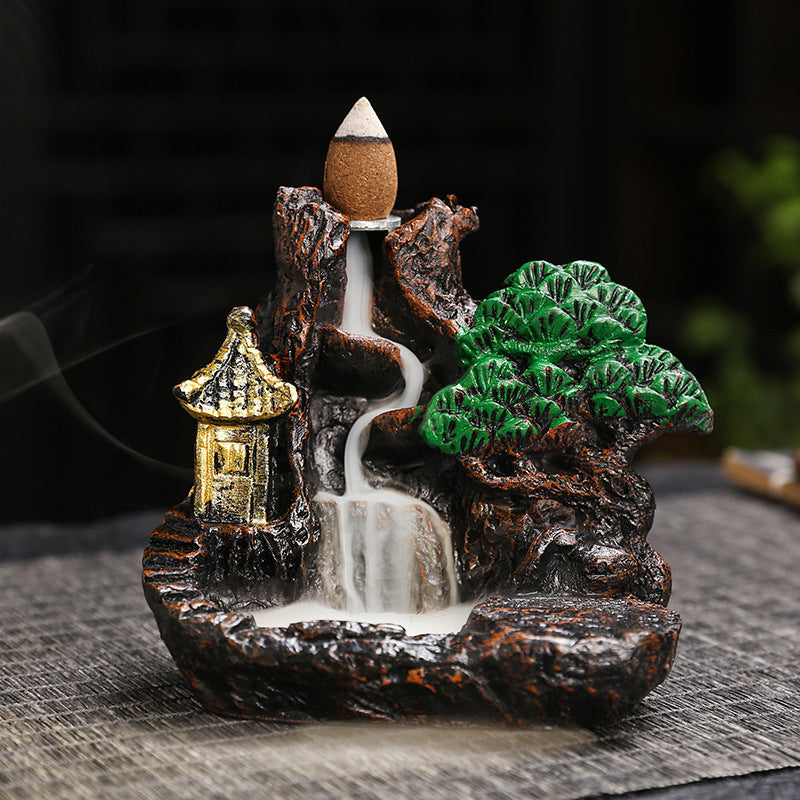 Zen Mountain Waterfall Backflow Incense Burner – Handcrafted Resin Landscape Aromatherapy Smoke Fountain for Home, Office & Meditation