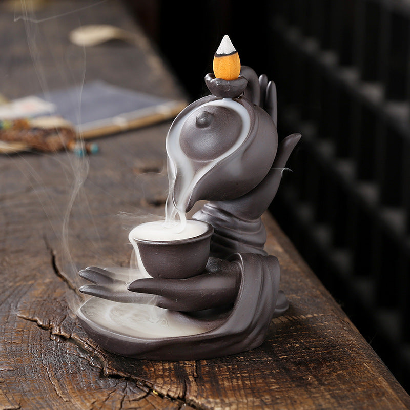 Handcrafted Purple Clay Buddha Hand & Floating Teapot Backflow Incense Burner