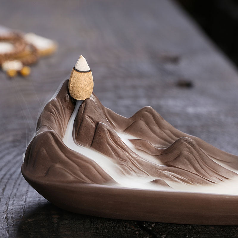 Jingchen Zen Mountain Boat Backflow Incense Burner – Handcrafted Purple Clay Waterfall Smoke & Stick Holder