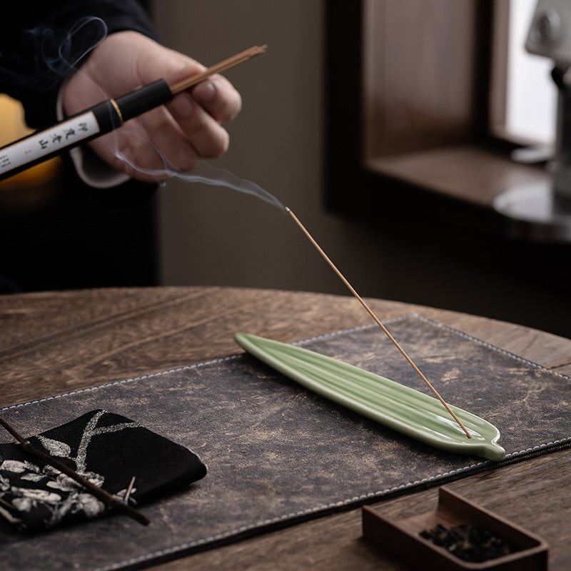 Celadon Ceramic Leaf Incense Stick Holder & Ash Catcher, Minimalist Zen Incense Burner for Meditation and Tea Ceremony