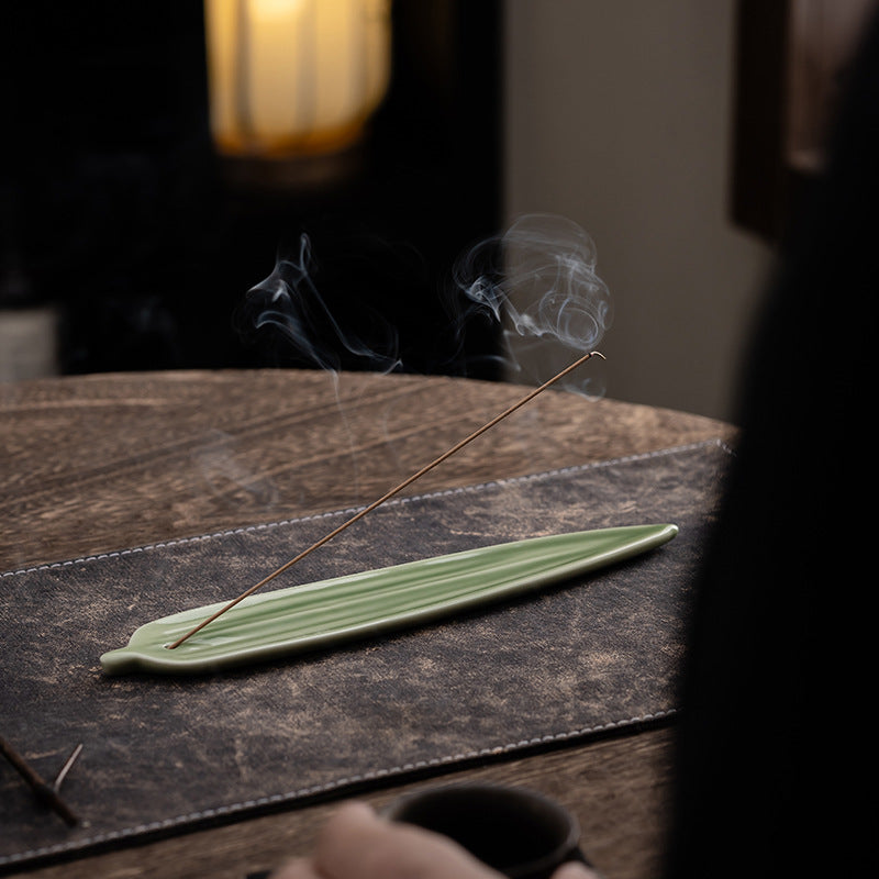 Celadon Ceramic Leaf Incense Stick Holder & Ash Catcher, Minimalist Zen Incense Burner for Meditation and Tea Ceremony
