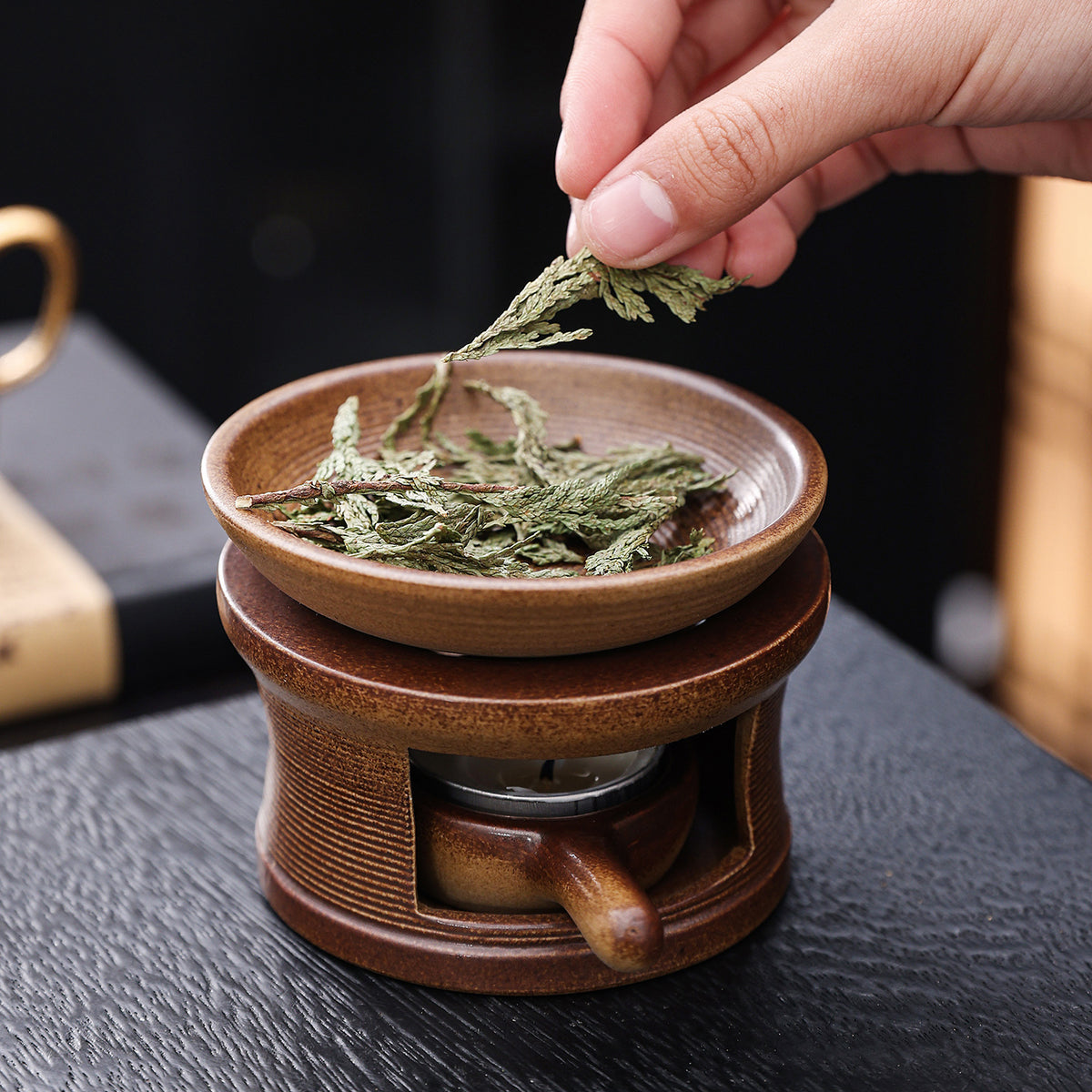 Ceramic Tea Roaster & Essential Oil Wax Burner - Rustic Tealight Aromatherapy Stove for Botanicals, Incense Powder, and Herbs
