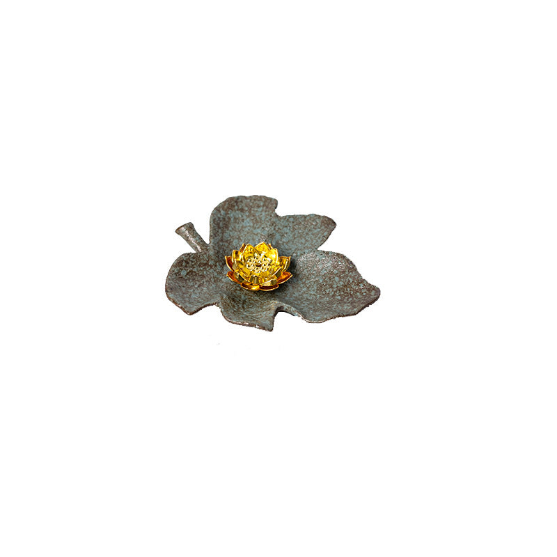 Rustic Ceramic Leaf & Golden Lotus Stick Incense Burner | Zen Ash Catcher Tray