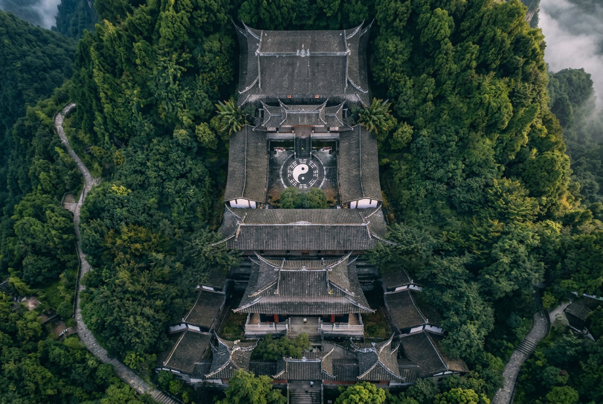 特写俯瞰道观殿宇与八卦中庭横幅